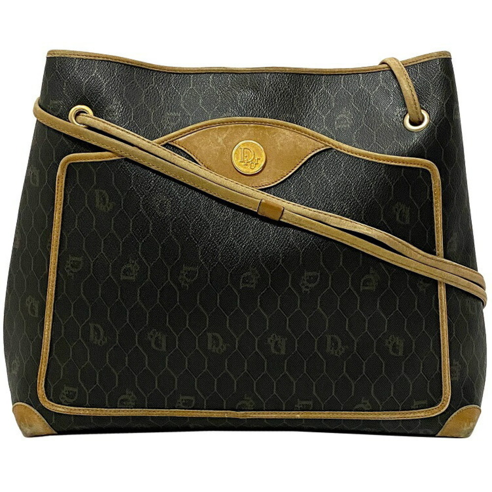 Christian Dior Shoulder Tote Bag Black Brown Honeycomb Leather